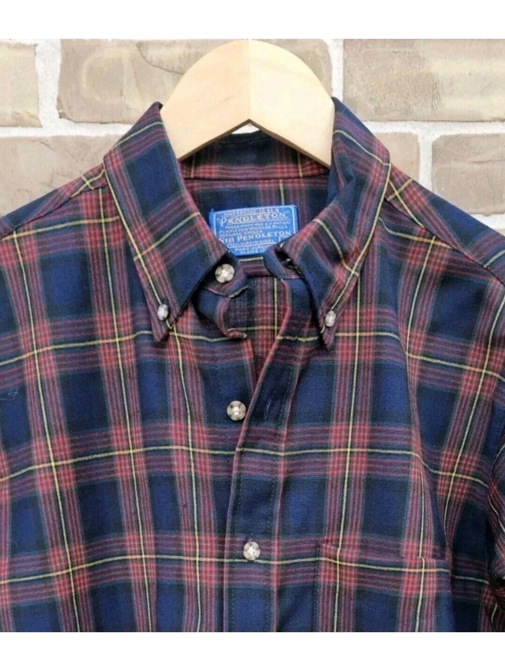 Vintage Pendleton Wool Flannel Plaid Shirt Men's M Blue Red Yellow Made In USA